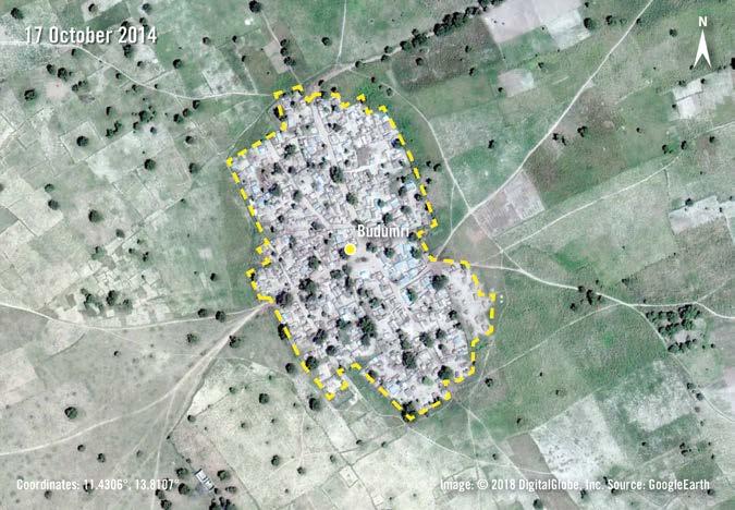 Satellite imagery from 29 February 2016 shows Budumri village, approximately 17 kilometres southwest of Bama town, was recently razed.