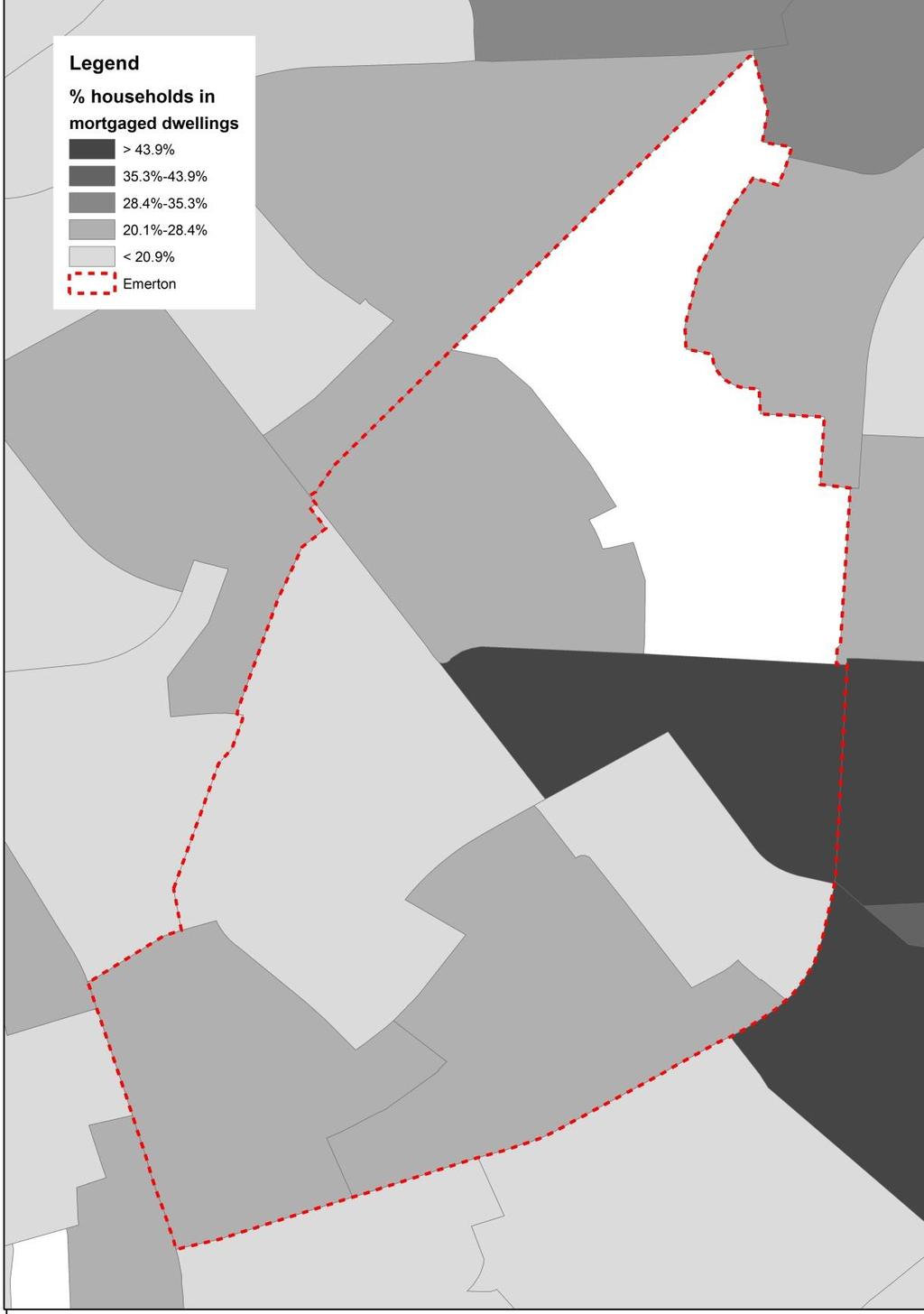 Figure A9: Proportion of households in mortgaged homes, Emerton SSC, 2011 Source: ABS 2011 Census, TableBuilder Pro Ownership with mortgage is uncommon throughout Emerton, with most of the SA1s