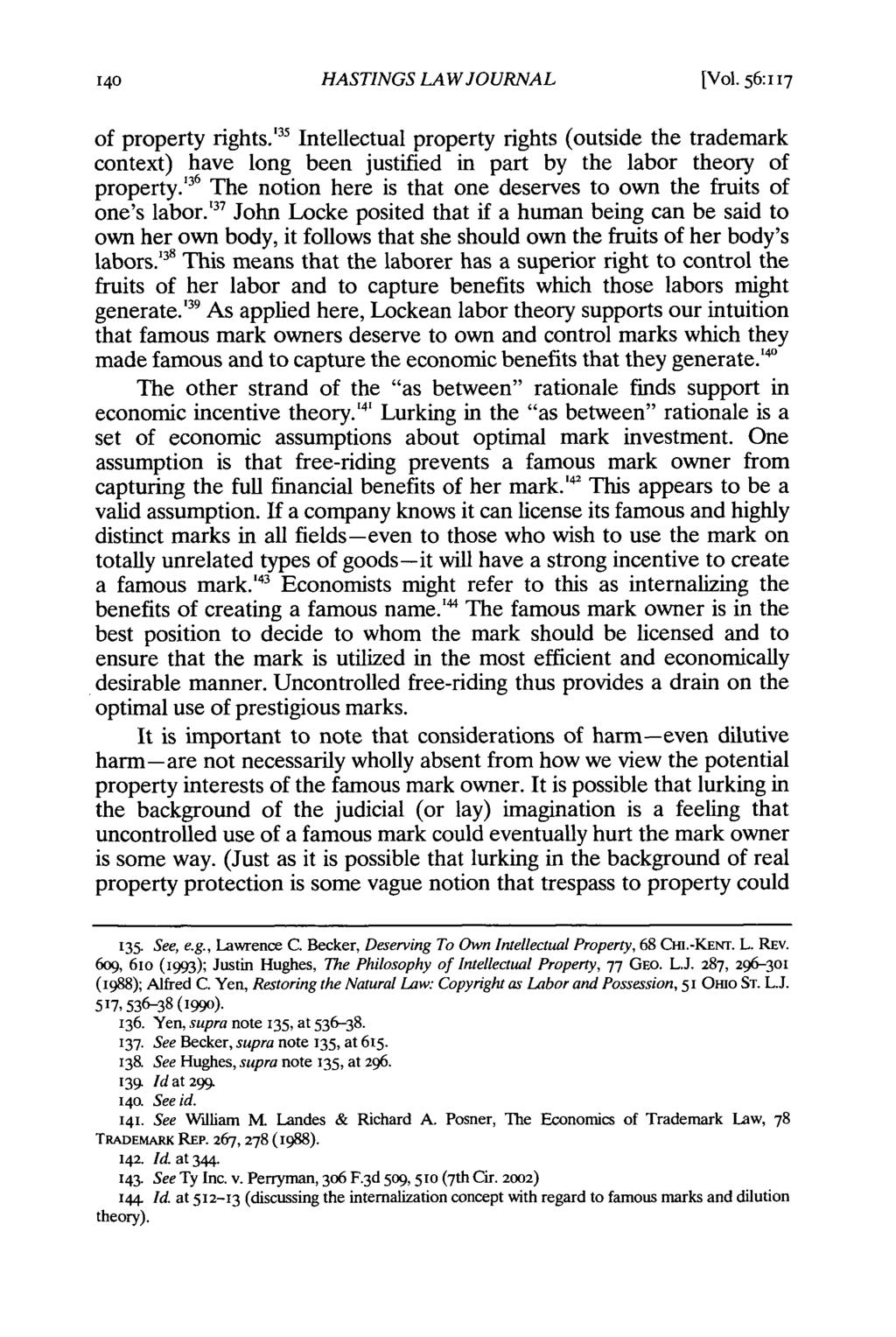 HASTINGS LAW JOURNAL [Vol. 56: 117 of property rights.' 35 Intellectual property rights (outside the trademark context) have long been justified in part by the labor theory of property.