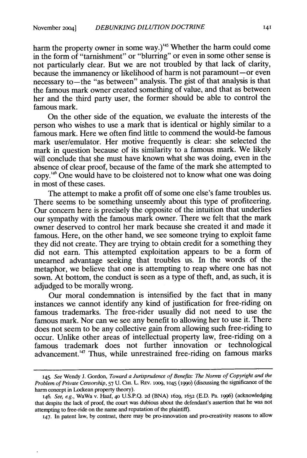 November 2004] DEBUNKING DILUTION DOCTRINE harm the property owner in some way.