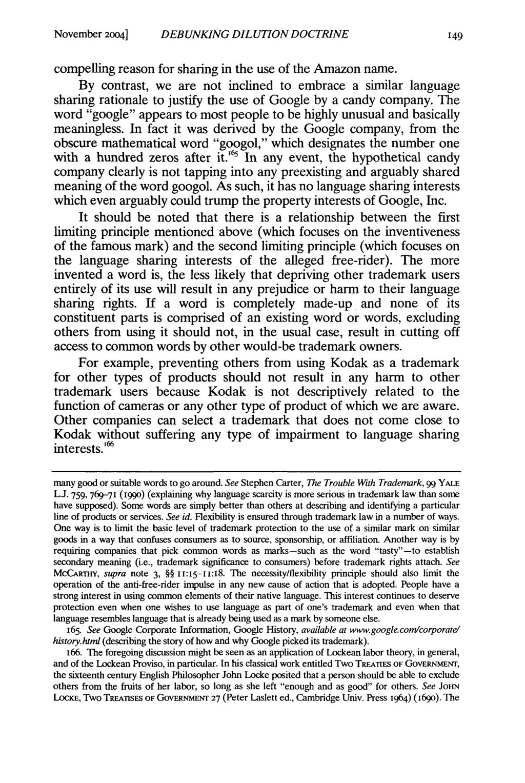 November 2004] DEBUNKING DILUTION DOCTRINE compelling reason for sharing in the use of the Amazon name.