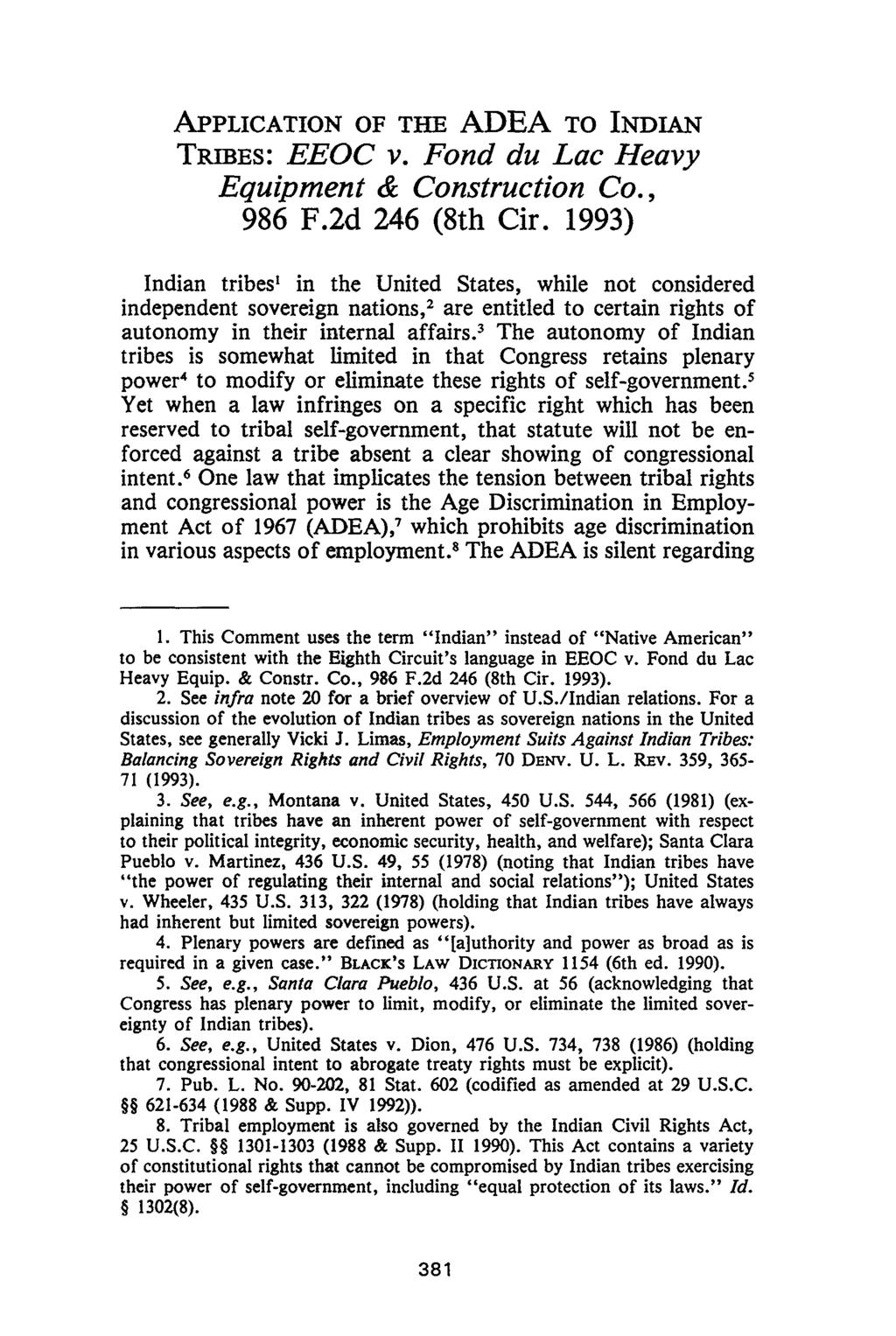 APPLICATION OF THE ADEA TO INDIAN TRIBES: EEOC v. Fond du Lac Heavy Equipment & Construction Co., 986 F.2d 246 (8th Cir.