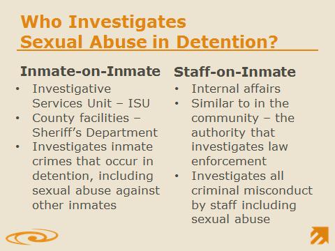 Slide 24: Who Investigates Sexual Abuse in Detention? Who investigates sexual abuse in detention depends on the type of facility and who has perpetrated the abuse.