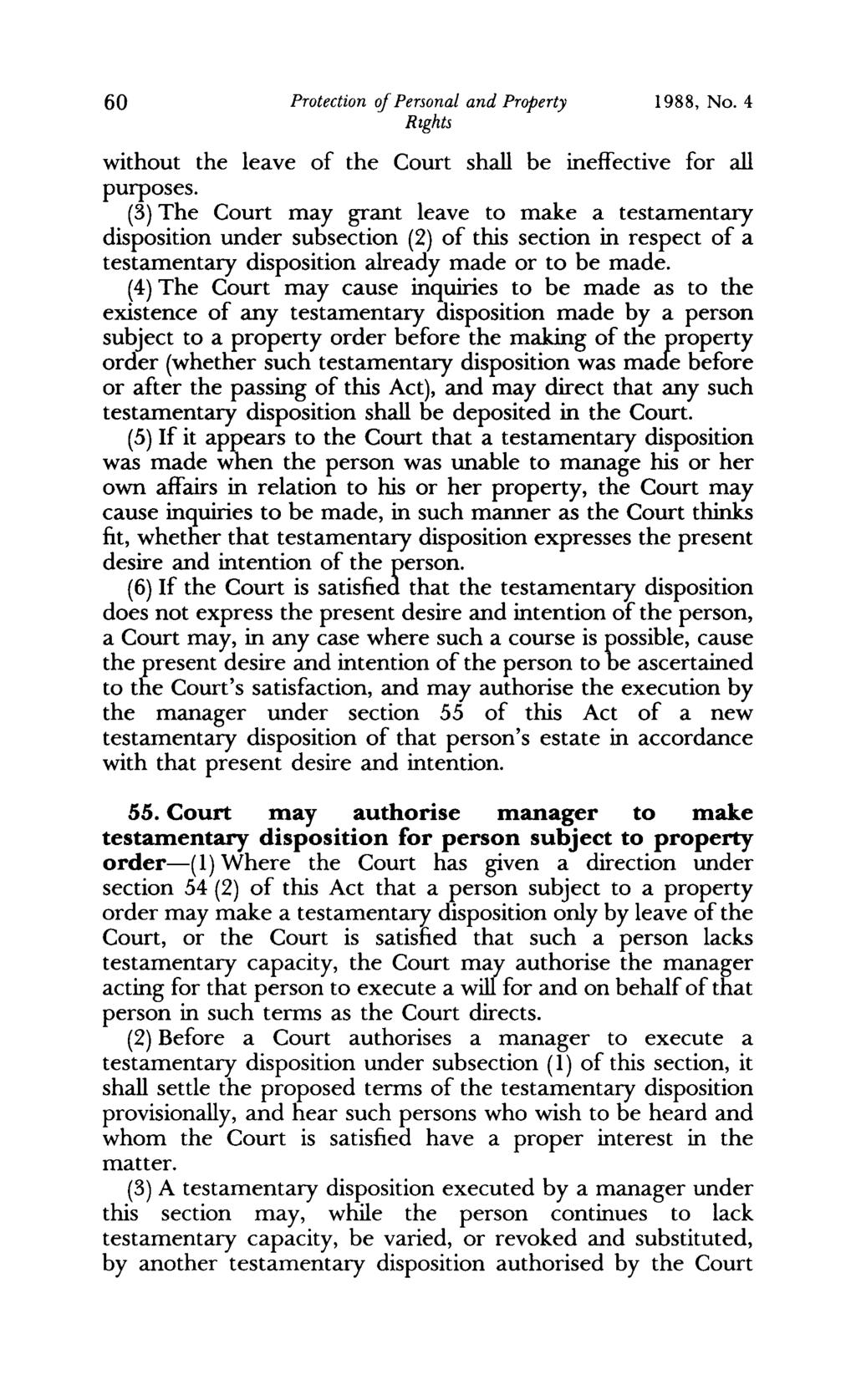 60 Protection of Personal and Property RIghts 1988, No. 4 without the leave of the Court shall be ineffective for all purposes.