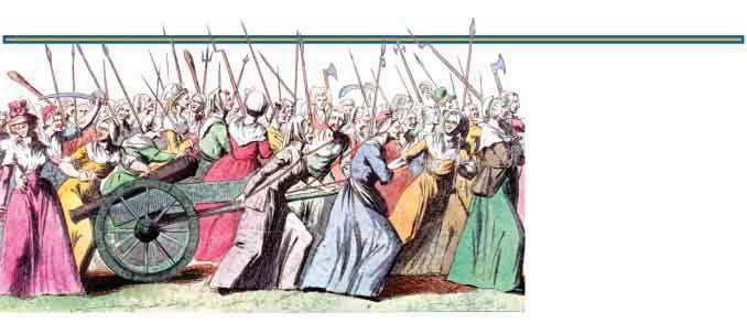 Women march This engraving shows a mob of angry Parisian women marching to Versailles on October 5, 1789. They demanded relief from Louis XVI for the nationwide food shortage.