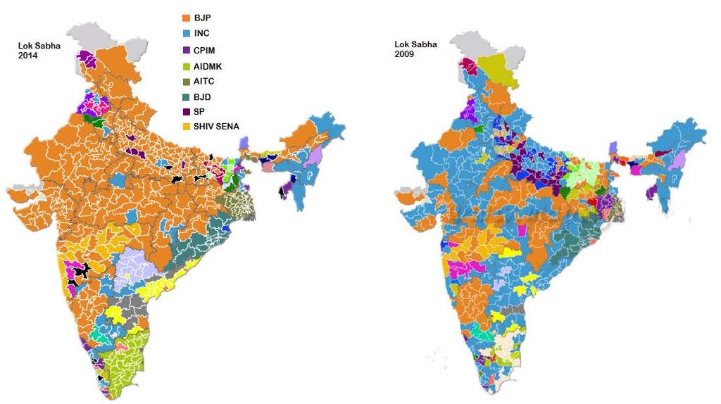 Electoral maps of India (2013 and 2009) As the above map illustrates, the saffron of the BJP has really grown, having gained victory in almost the entirety of the nation s central and northern