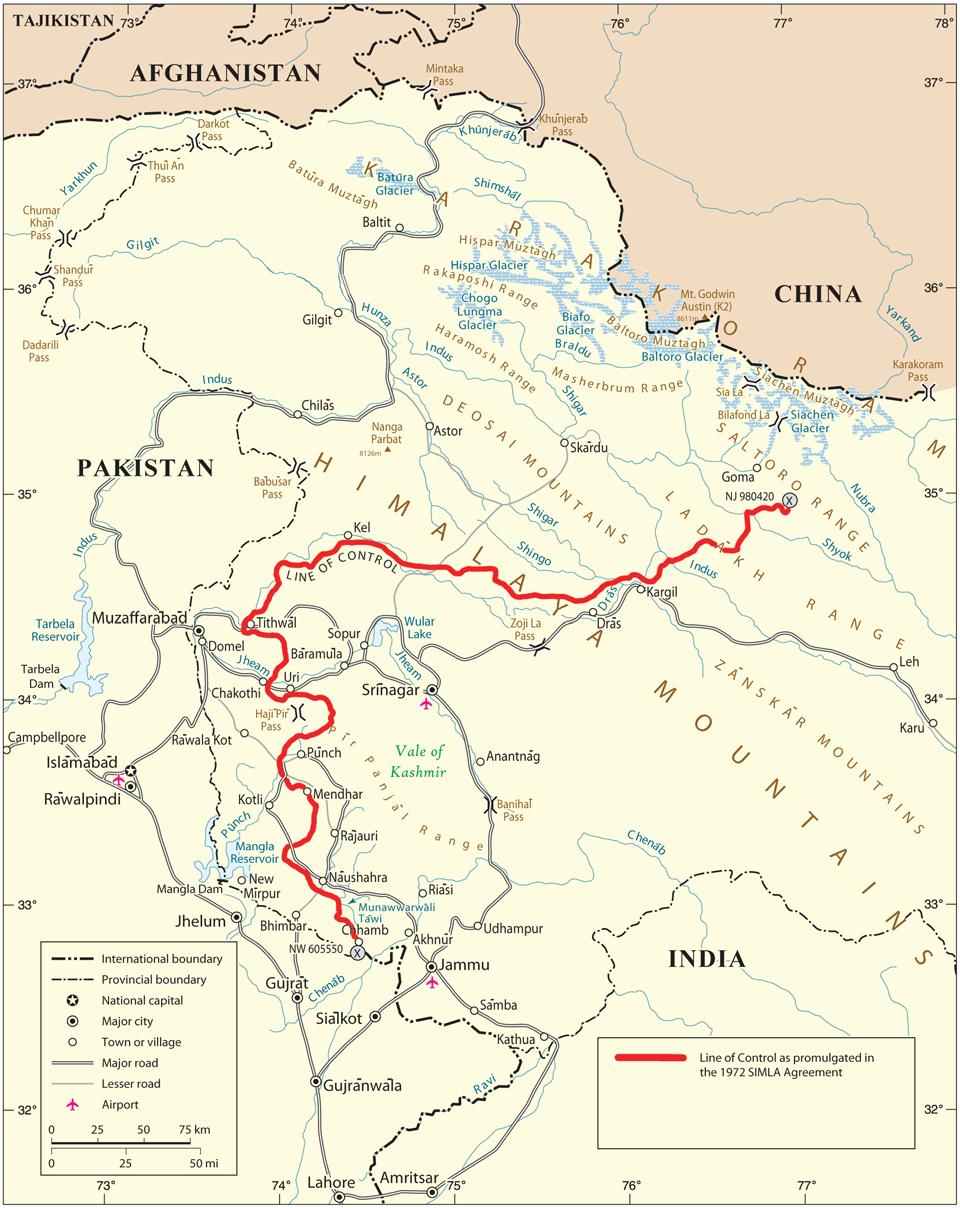 Map 1 B 1997 Kashmir Region The line represents approximately the Line of Control that divides Jammu and Kashmir as agreed upon by India and Pakistan.