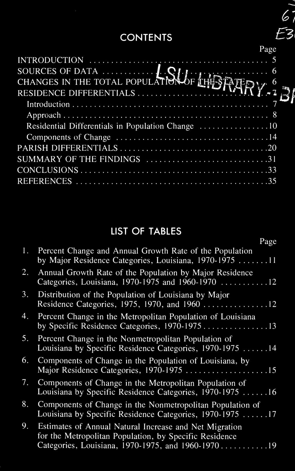 33 REFERENCES 35 J 1. Percent LIST OF TABLES Page Change and Annual Growth Rate of the Population by Major Residence Categories, Louisiana, 1970-1975 11 2.