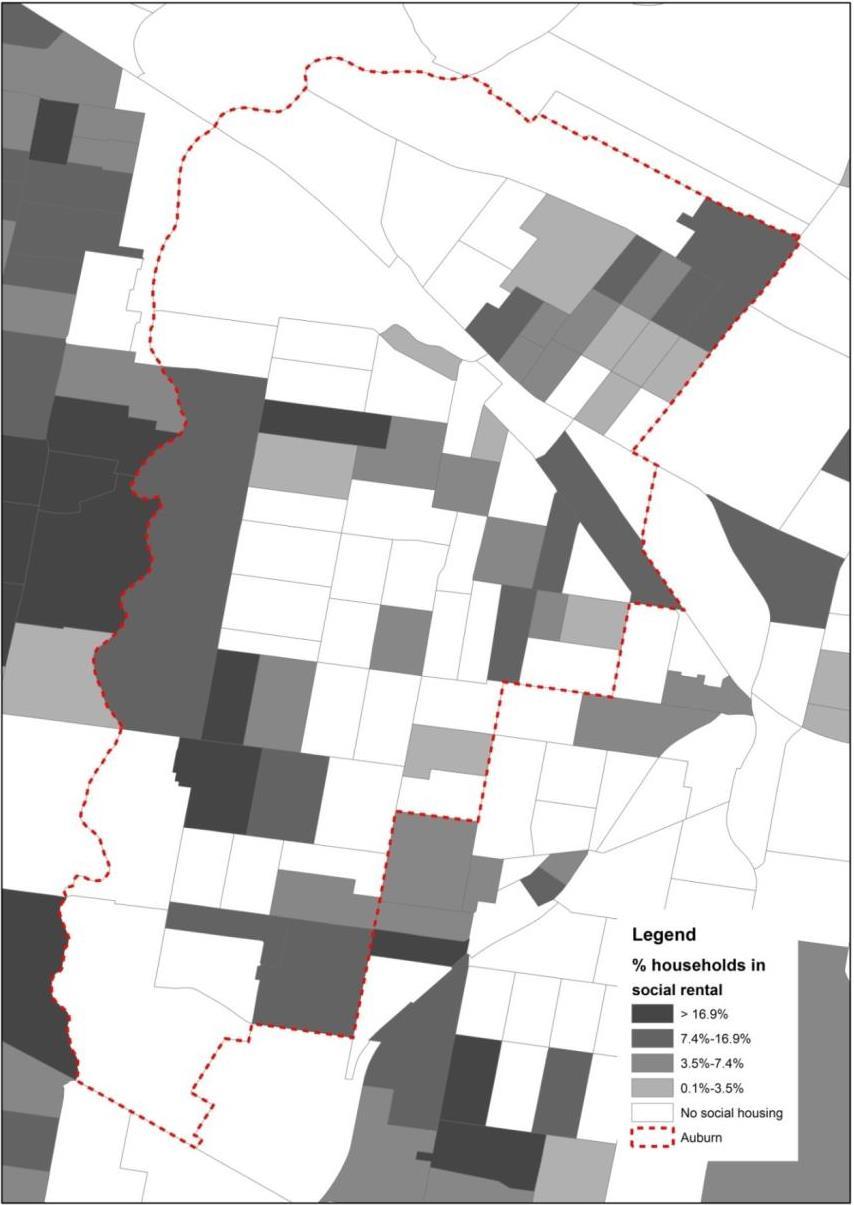 Figure A12: Proportion of households in social rental, Auburn SSC, 2011 Source: ABS 2011 Census, TableBuilder Pro Social housing is sparsely scattered throughout Auburn suburb, with the