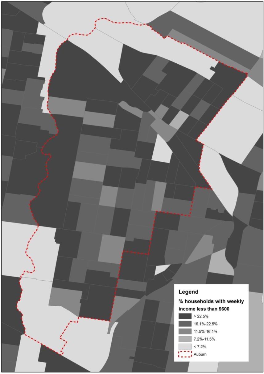 Figure A14: Concentrations of low-income households Source: ABS 2011 Census, TableBuilder Pro Low-income households with weekly income less than $600 are found throughout Auburn suburb, with a large