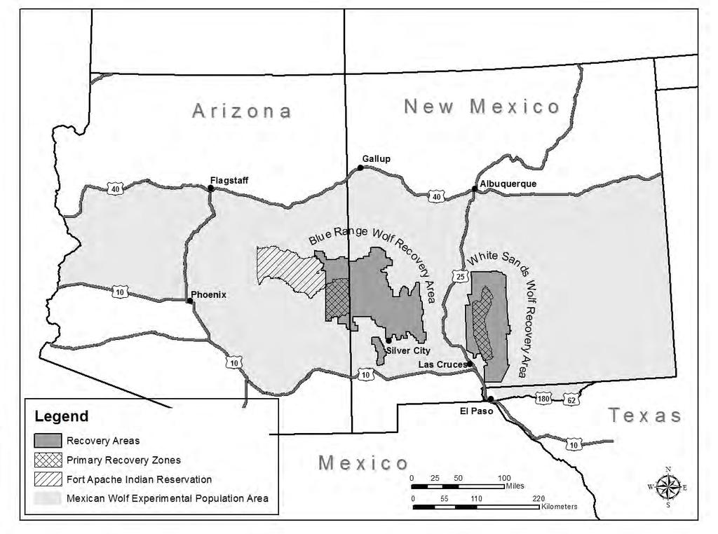 Figure ES-1. Geographic boundaries for the nonessential experimental population of the Mexican wolf as established under the 1998 Final Rule.