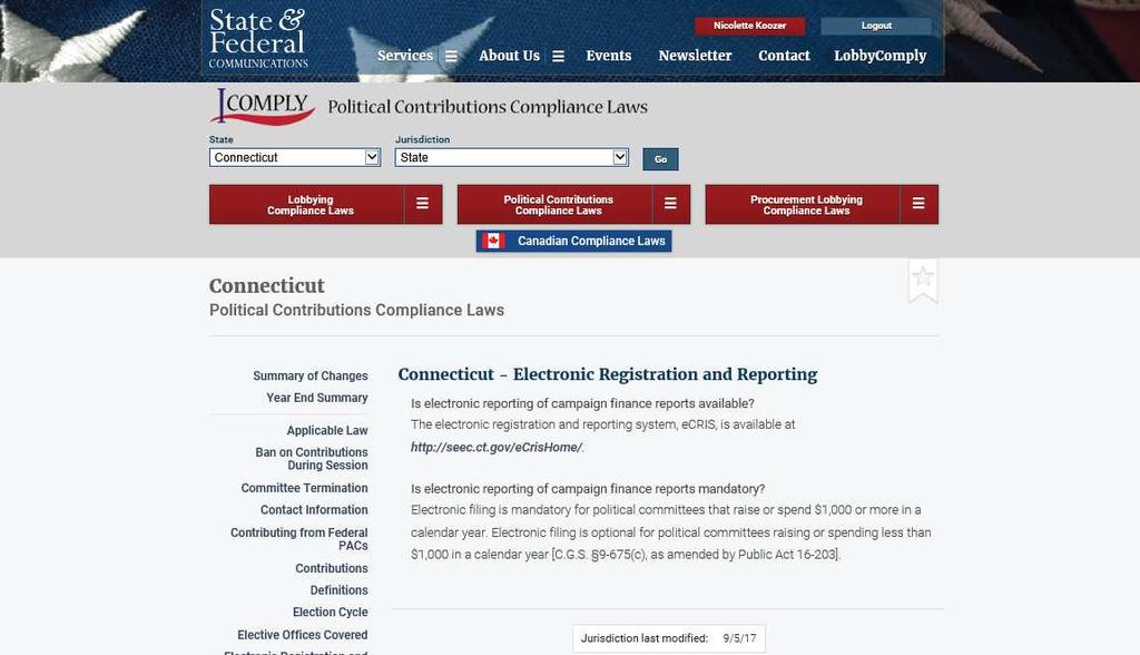 Example of an online page from I COMPLY U.S. Political Contributions by jurisdiction.