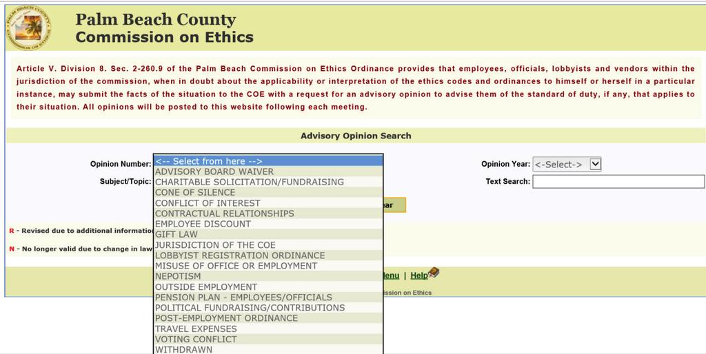 ADVISORY OPINIONS Advisory opinions are searchable by year, subject matter, and text search.