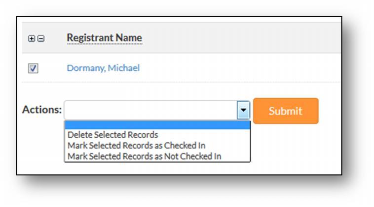 i. Delete Selected Records: Select this option to delete all selected registrants (check box to the left of registrant name) from the session registrant listing.