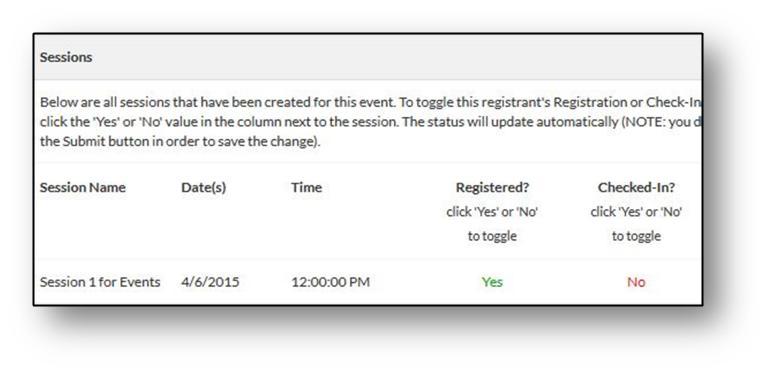 4. To mark the individual registrant as checked-in or attended simply toggle the No under