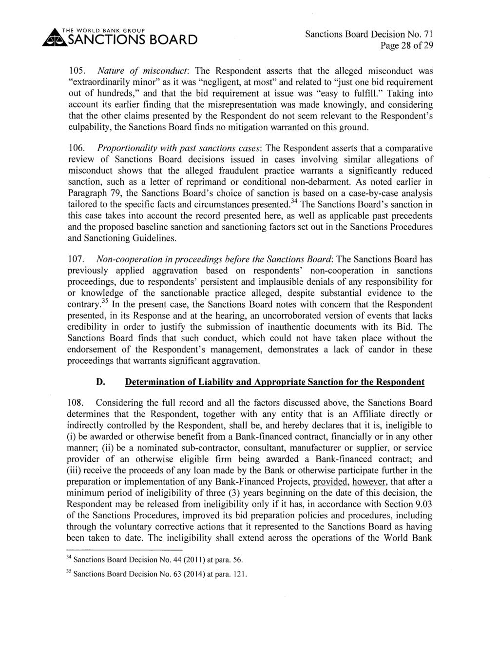 &;.HsAt~Jci-loi\ts BOARD Sanctions Board Decision No. 71 Page 28of29 105.