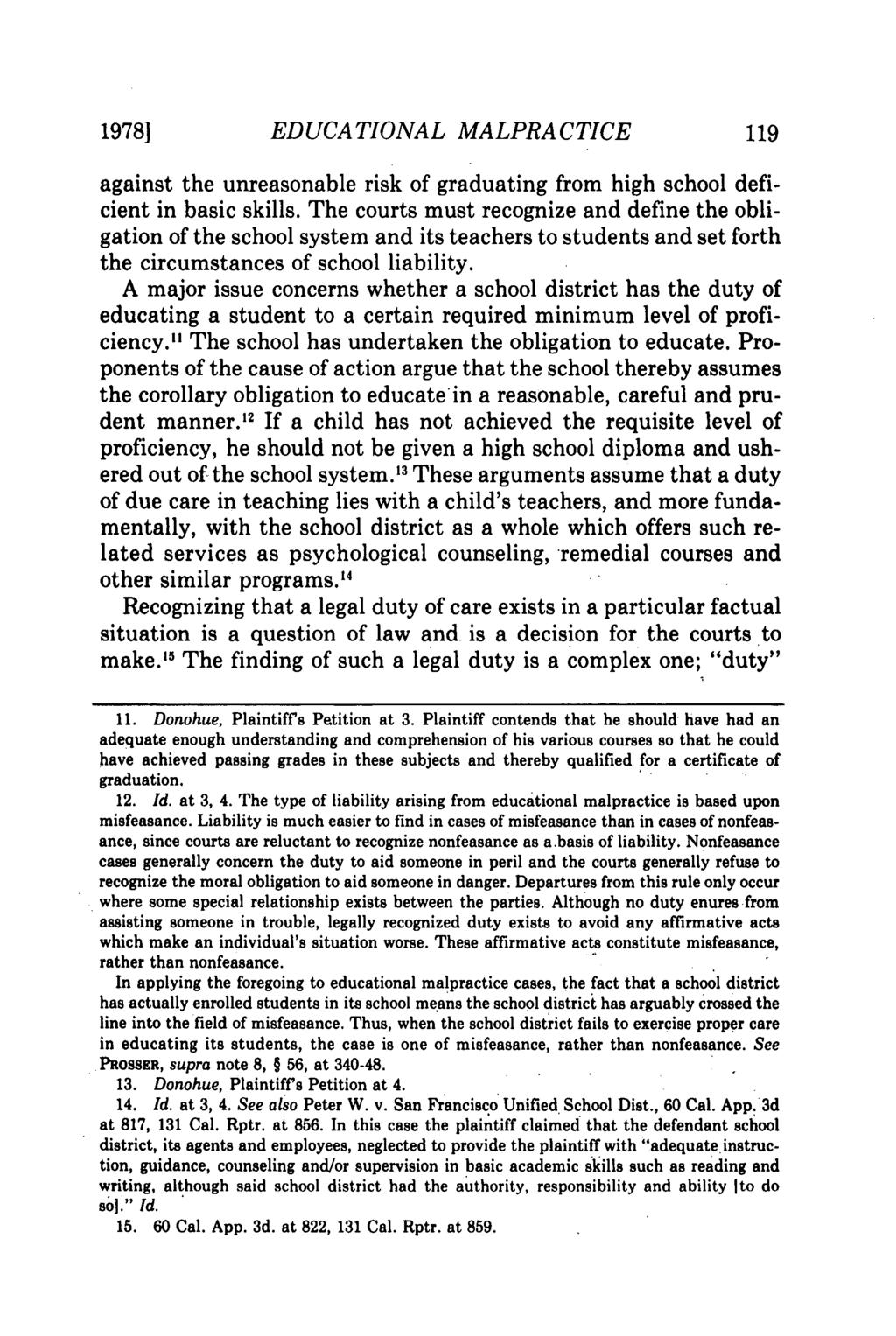 1978] EDUCATIONAL MALPRACTICE against the unreasonable risk of graduating from high school deficient in basic skills.