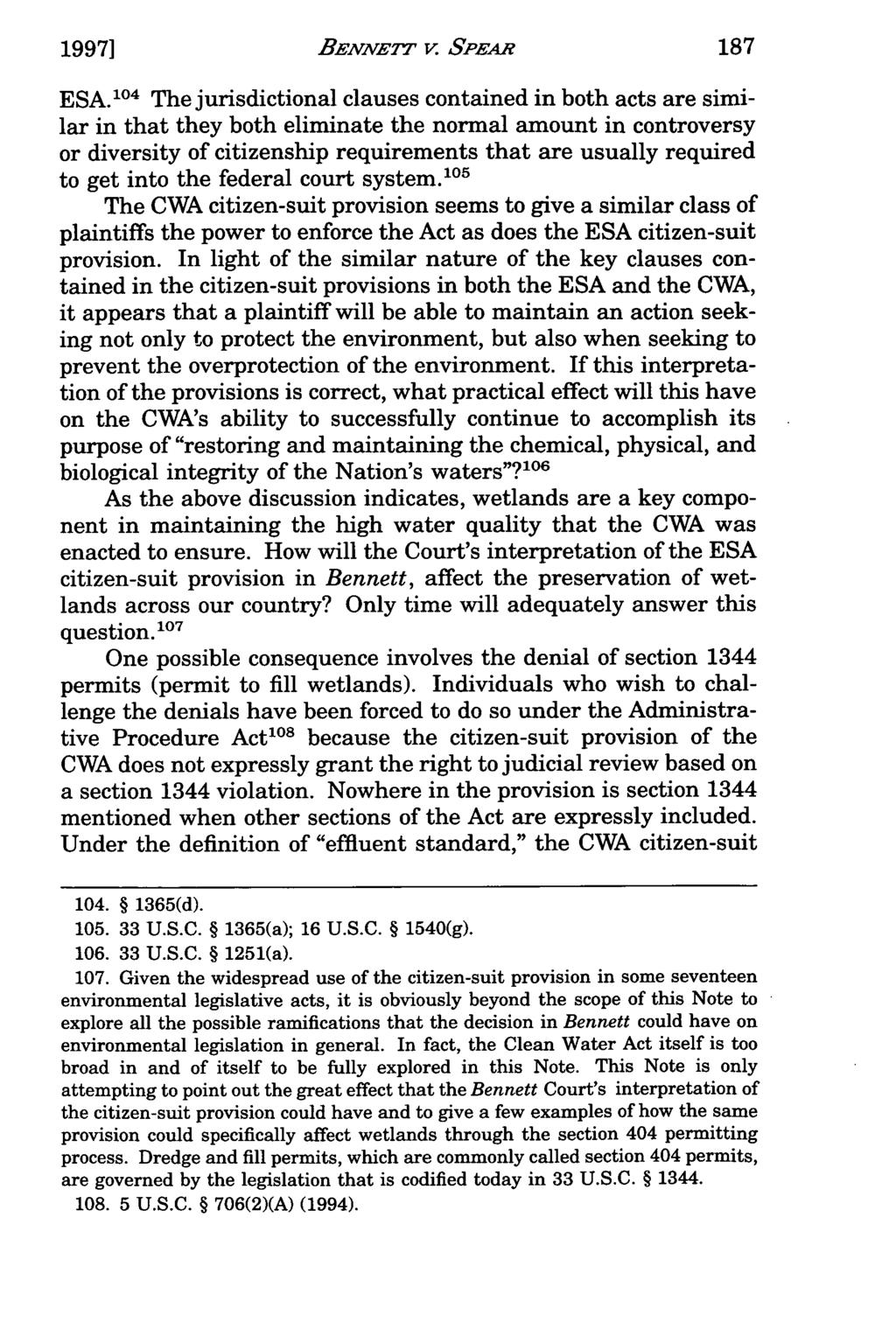 19971 Evans: Bennett v. BENNErT Spear: A New Interpretation v. SPEARof the Citizen-Suit Provis ESA.