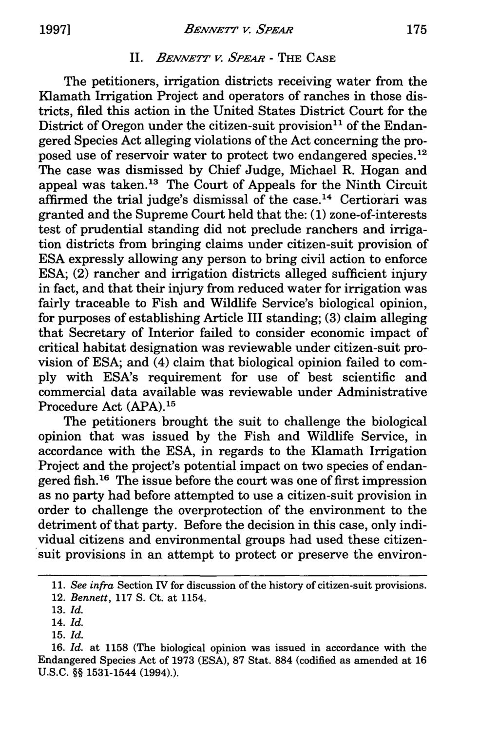 1997] Evans: Bennett v. Spear: BENNET A New Interpretation v. SPEARof the Citizen-Suit Provis II. BENNET v.