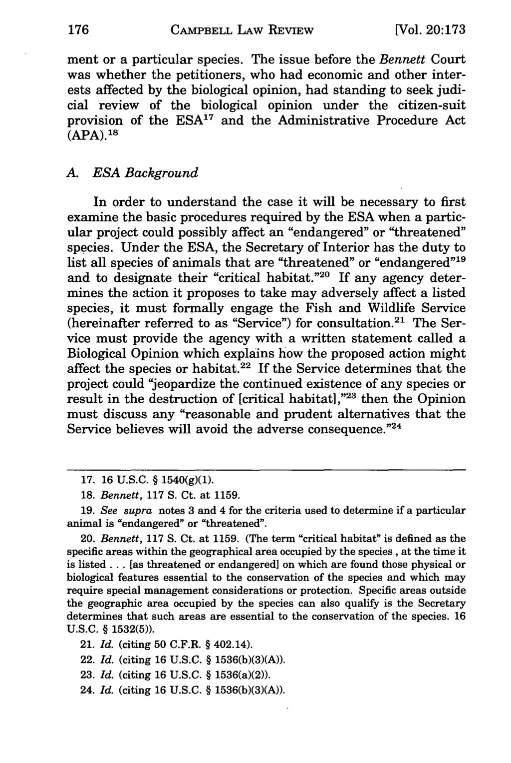 176 Campbell CAMPBELL Law Review, LAW Vol. 20, REVIEW Iss. 1 [1997], Art. 6 [Vol. 20:173 ment or a particular species.