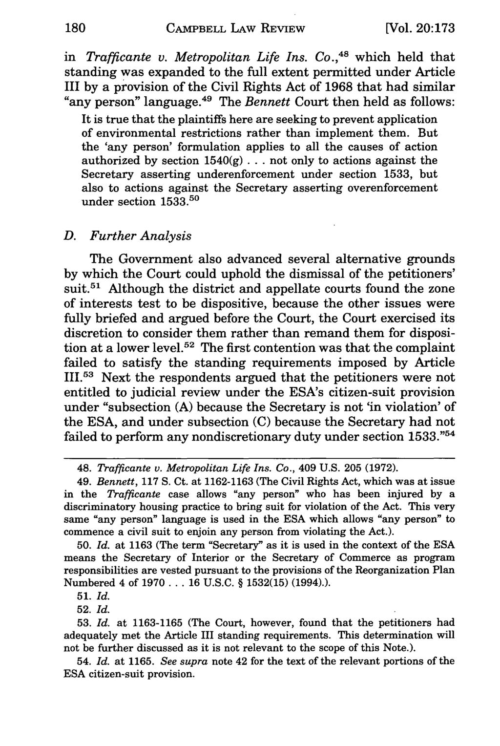 180 Campbell CAMPBELL Law Review, LAW Vol. 20, REVIEW Iss. 1 [1997], Art. 6 [Vol. 20:173 in Trafficante v. Metropolitan Life Ins. Co.