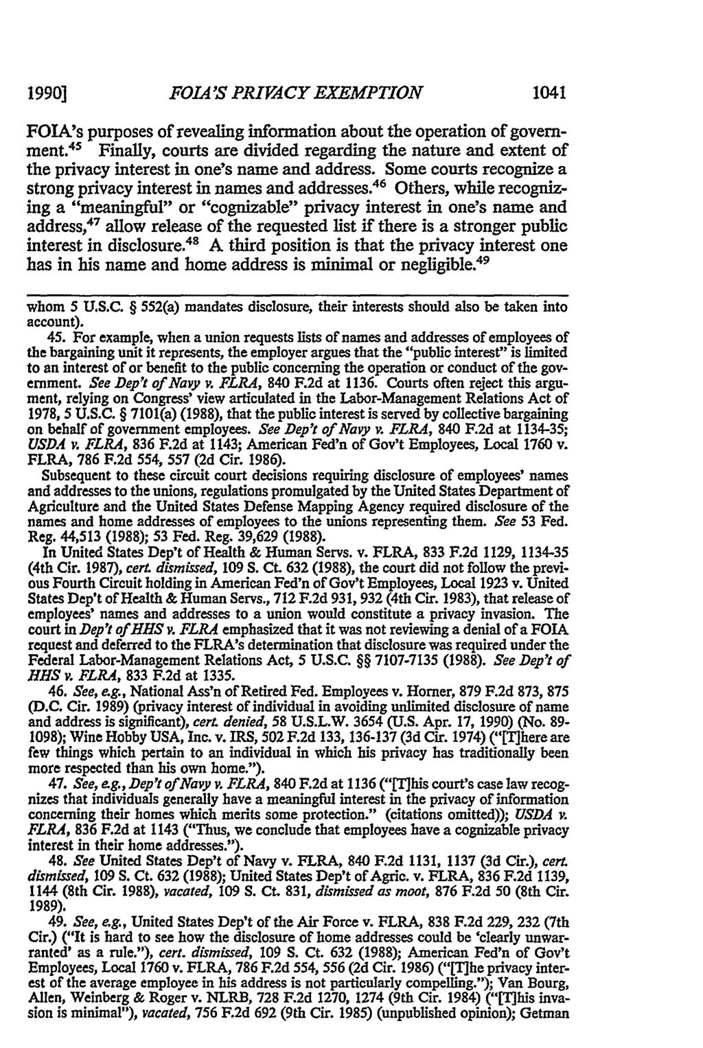 1990] FOIA 'S PRIVACY EXEMPTION 1041 FOTA's purposes of revealing information about the operation of government.