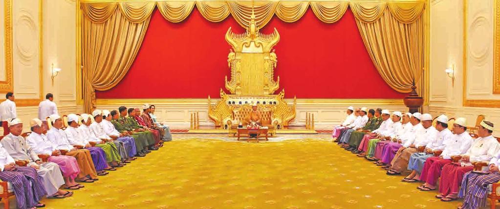 3 President U Win Myint welcomed by Union cabinet members President U Win Myint is welcomed by Union cabinet members at the Presidential Palace following his taking oath of office at Pyidaungsu