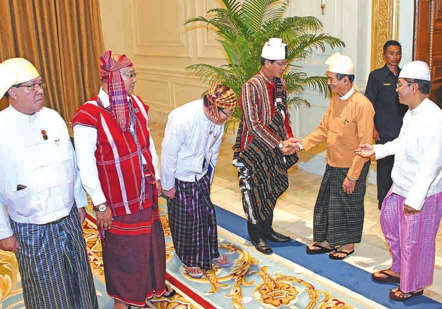 President U Win Myint and First Lady Daw Cho Cho were welcomed at the Presidential Palace by Vice President U Myint Swe and his wife Daw Khin Thet Htay.