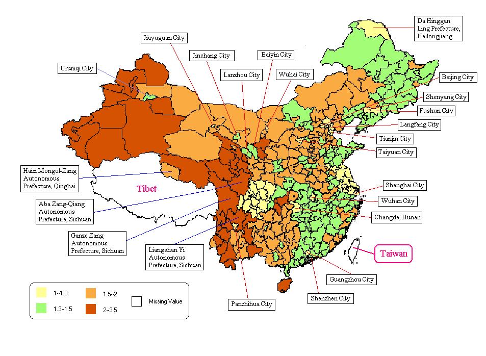 Map 1: Geographic Distribution of Policy Fertility, Prefecture Level, China, Late 1990s The population distribution by policy fertility for China as whole is presented in Table 3.