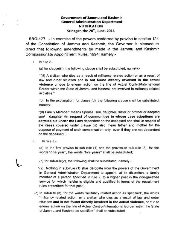 Government of Jammu and Kashmir NOTIFICATION Srinagar, the 2oth, June, 2014 SRO-177.