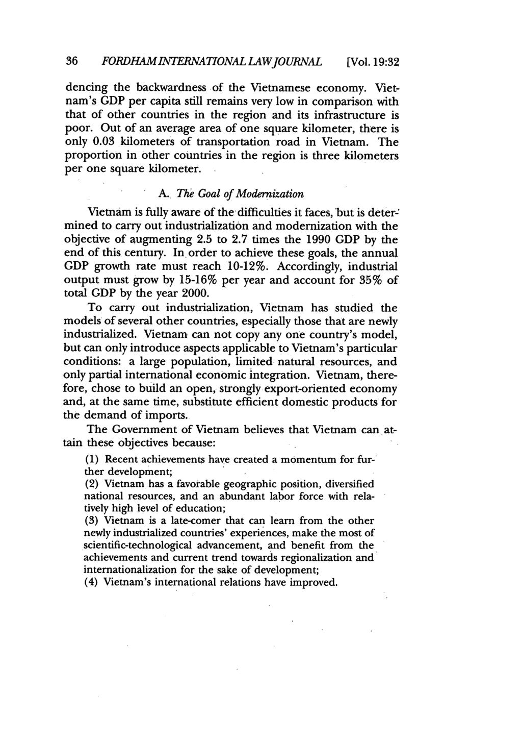 36 FORDHAM1NTERNATIONAL LAWJOURNAL [Vol. 19:32 dencing the backwardness of the Vietnamese economy.