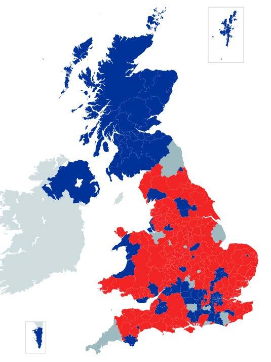 Vote for Brexit by Region (red =