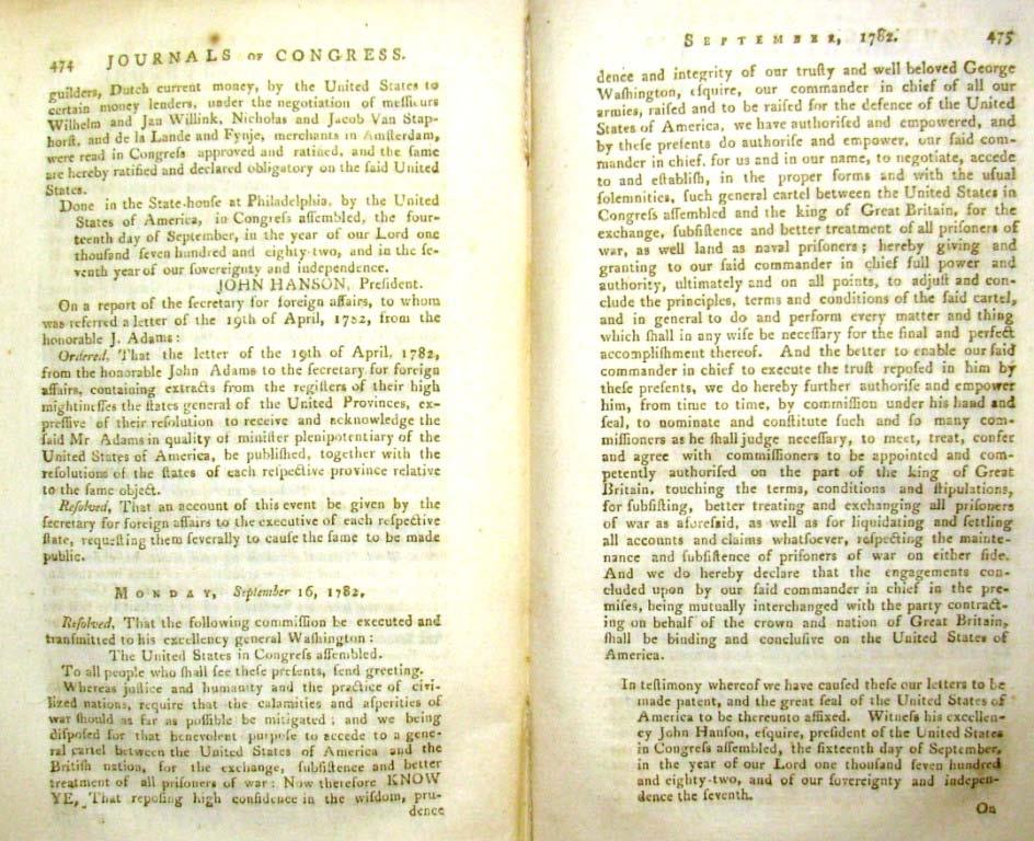 President John Hanson Military Directive to George Washington, September 14, 1782 The