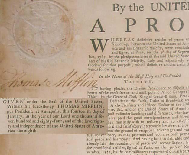 President Thomas Mifflin Ratifies the Treaty of Paris on January 14,