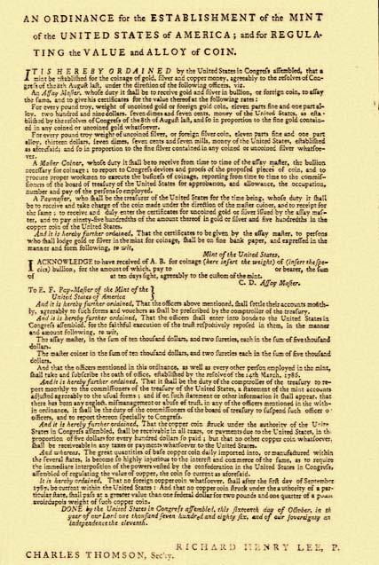 Ordinance For The Establishment of the Mint of The United States of America