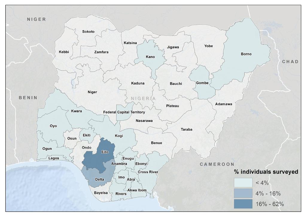 States of departure are shown on the map below. Map : States of departure within Nigeria. The majority of Nigerian nationals surveyed who departed from Nigeria took the same route.