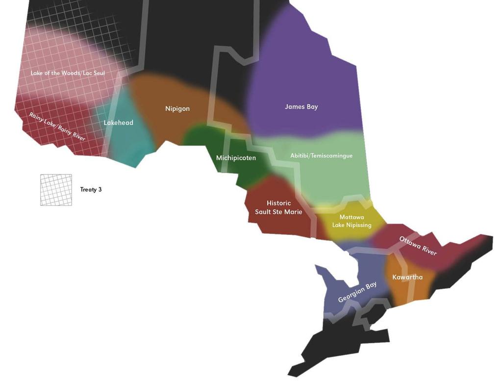 This map shows, in a general way, the areas and terminology used in defining the Traditional Harvesting Territories of the Métis Nation in Ontario (MNO).