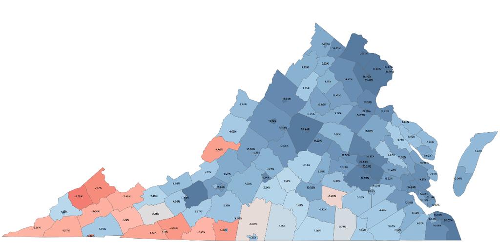 Two Virginias MAPPING THE DEMOCRATIC TURNOUT ADVANTAGE, BY COUNTY Compared to the midterm benchmark, Democrats outperformed Republicans on turnout by 19.