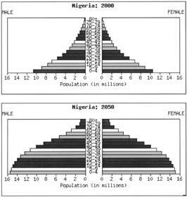 The Basics of Sociology Figure 8.1 Nigerian Population Pyramid, 2000, 2050 Source: U.S. Census Bureau (2003). ria. The total fertility rate per woman was 2.