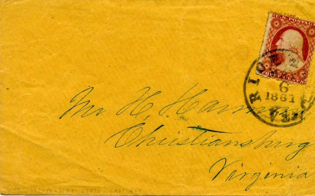 Period 11 Arkansas Secedes May 6, 1861 Mailed on May 6, 1861 from Richmond, Virginia to Christiansburg, Virginia; a (intra-state) usage. A U.S. 1857 3 cent stamp paid the postage.