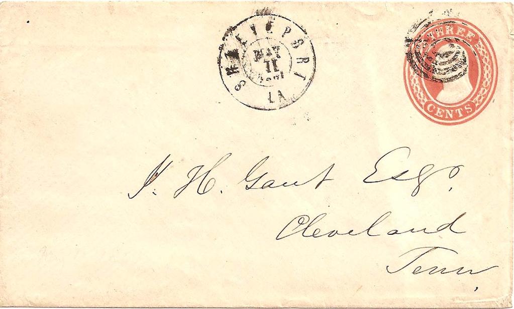 Period 12 Virginia Becomes a May 7, 1861 to May 17, 1861 Mailed on May 11, 1861 from Shreveport, Louisiana to Cleveland, Tennessee; a to a usage. A U.S. 1857 3 cent stamped envelope paid the postage.