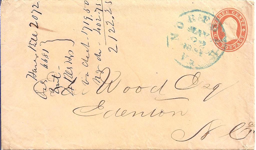 Period 14 North Carolina Secedes May 20, 1861 to May 26, 1861 Mailed on May 22, 1861 from Norfolk, Virginia to Edenton, North Carolina; a to an usage. A U.S. 1860 3 cent stamped envelope paid the postage.
