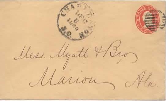 Period 1 Pre-Secession Prior to December 20, 1860 Mailed on December 8, 1860 from Charleston, South Carolina to Marion, Alabama; a to a usage. A U.S. 1860 3 cent stamped envelope paid the postage.