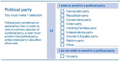 You can choose one of the parties listed, write in the name of a party, or choose not to enroll in any party.