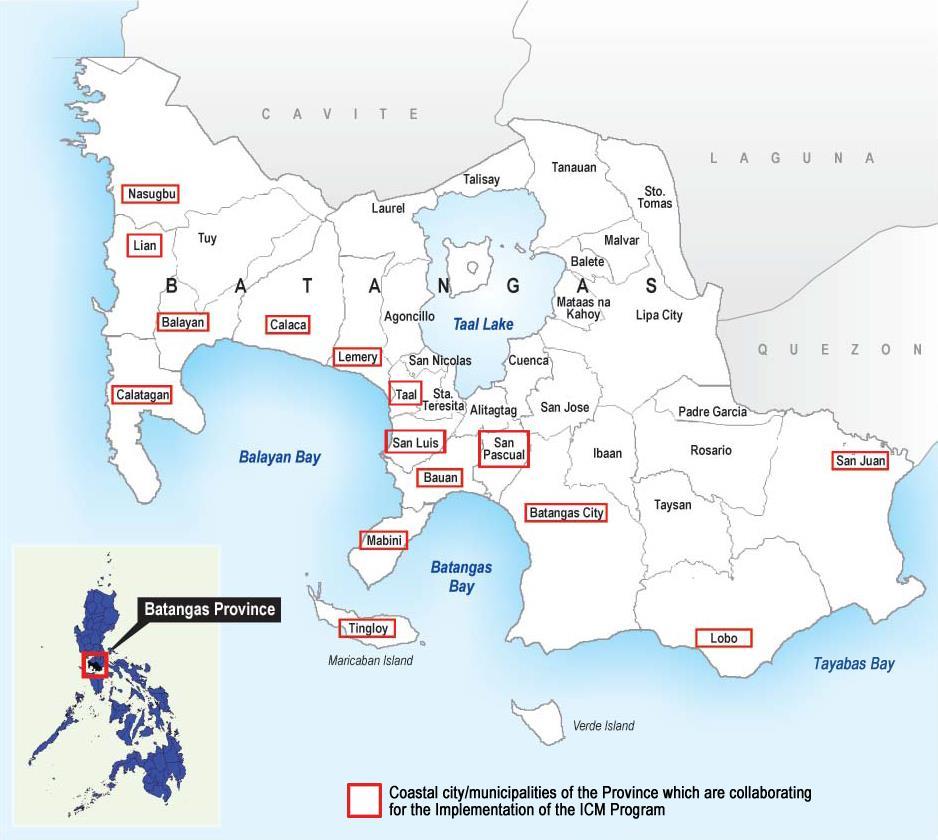 Source: Provincial Government-Batangas, Philippines & PEMSEA, 2008 Figure 1: Map of Batangas Province, with emphasis on the 14 coastal municipalities and 1 coastal city which collaborate for the