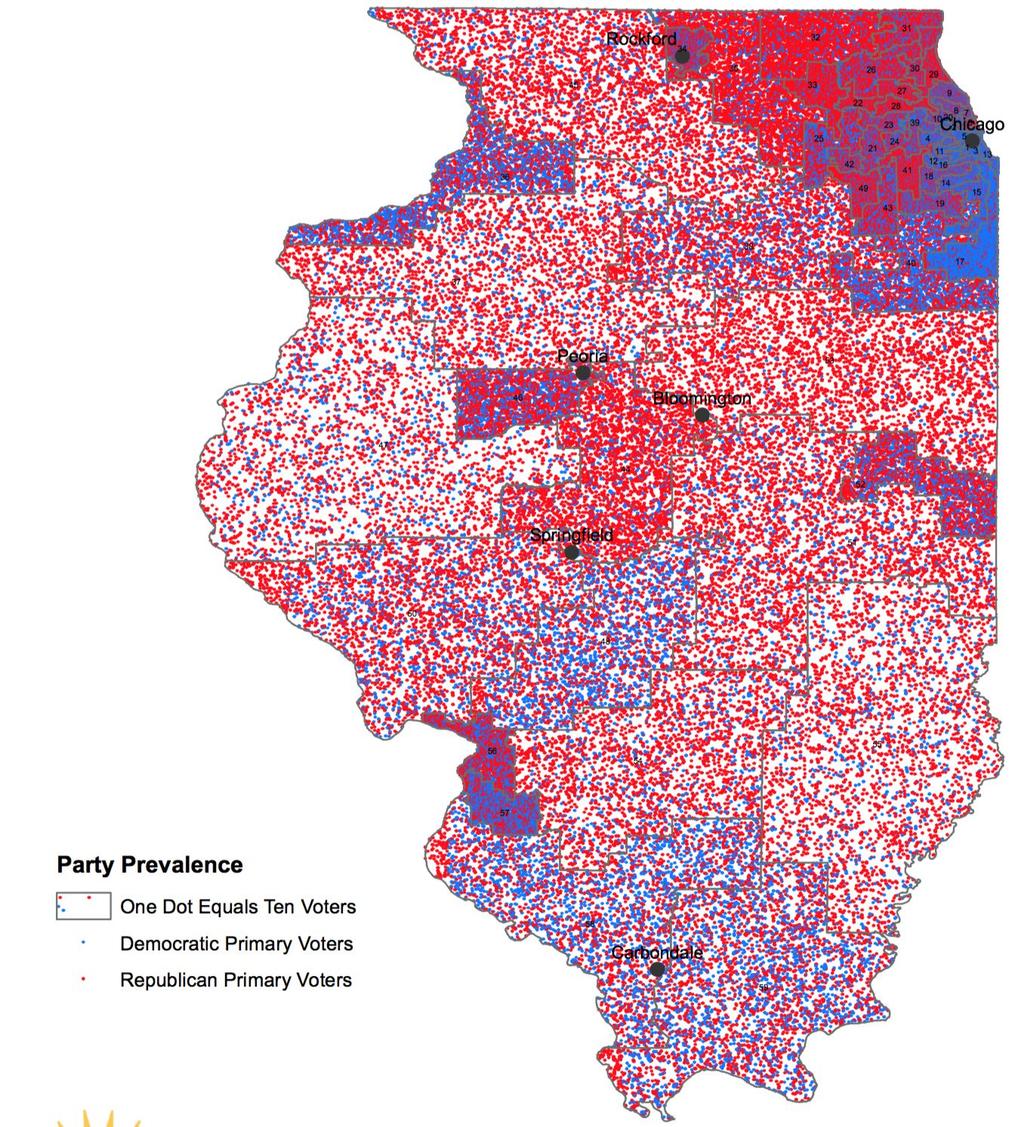 2012 Primary Election This map shows a dot for every ten votes cast by party in the 2012 Primary Election. It is broken down by Illinois State Senate districts.