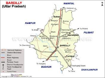 The adjoining districts of Bareilly are Rampur in the north- west, Udham Singh Nagar in the north, Pilhibit in north - east, Shahjahanpur in South -East and Budaun in the south. Map 4.