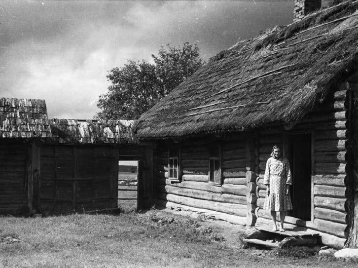 Setu küla kontrolljoone taga Lõkova Piiri talu õlgkatusega elumaja. Trepil perenaine Anna Ojaots. U. Rips. 1952. ERM Fk 1194:11.