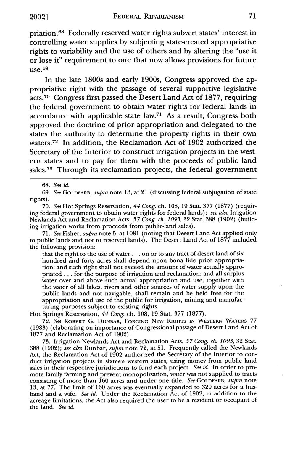 2002] Brinton: Arizona v. California: FEDERAL Riding RIPARIANISM the Wave of Federal Riparianism priation.