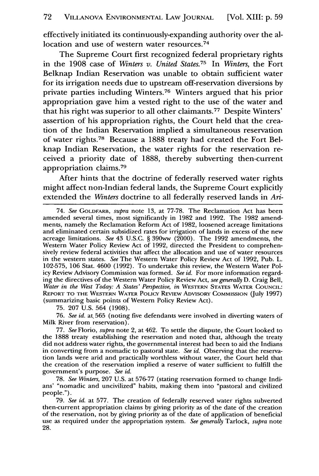 72 VILLANOVA Villanova Environmental ENVIRONMENTAL Law Journal, LAW Vol. JouRNAL 13, Iss. 1 [2002], Art. [Vol. 2 XIII: p.